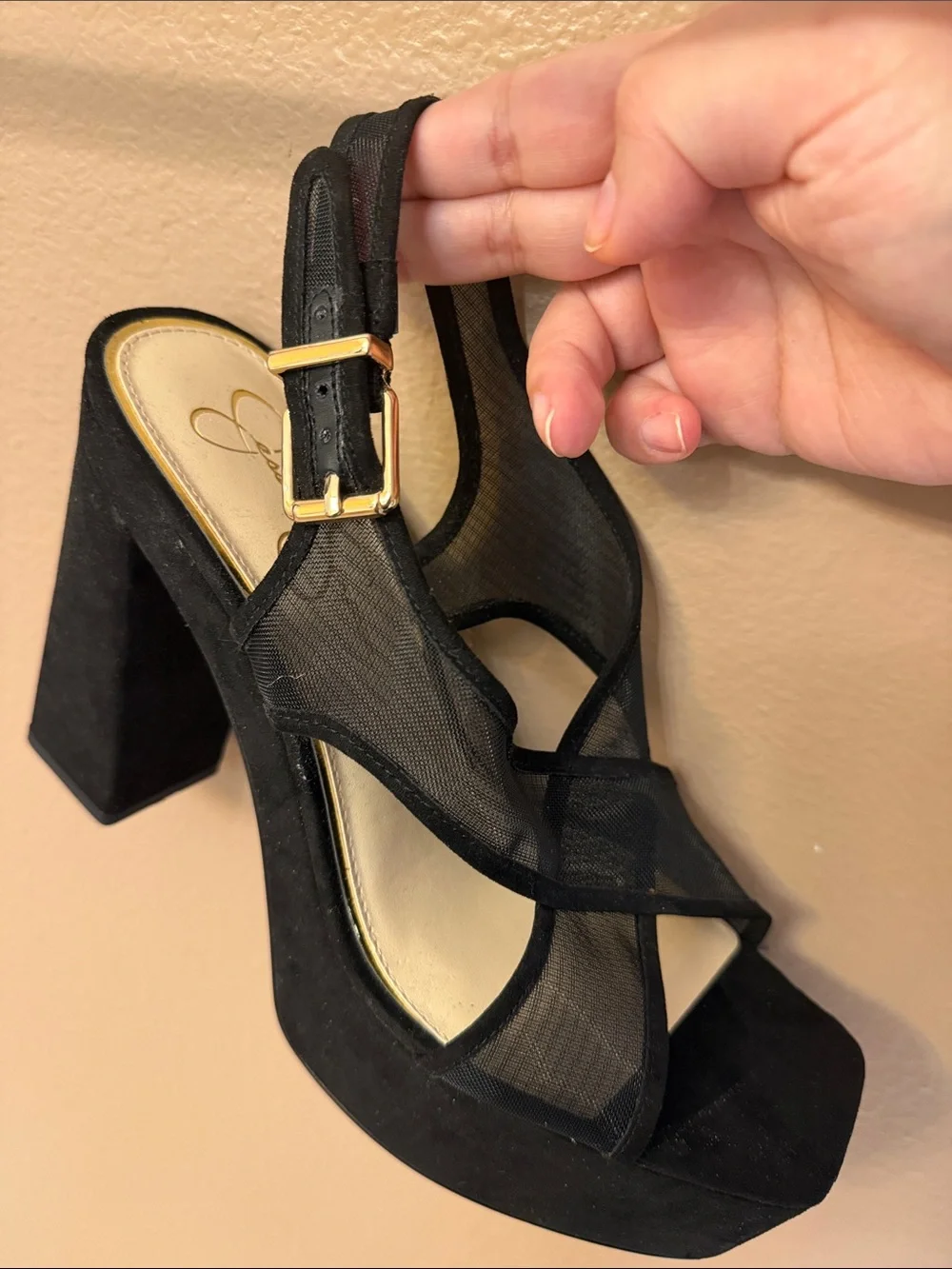 Jessica Simpson Black Mesh Slingback Block Heels with Gold Buckle